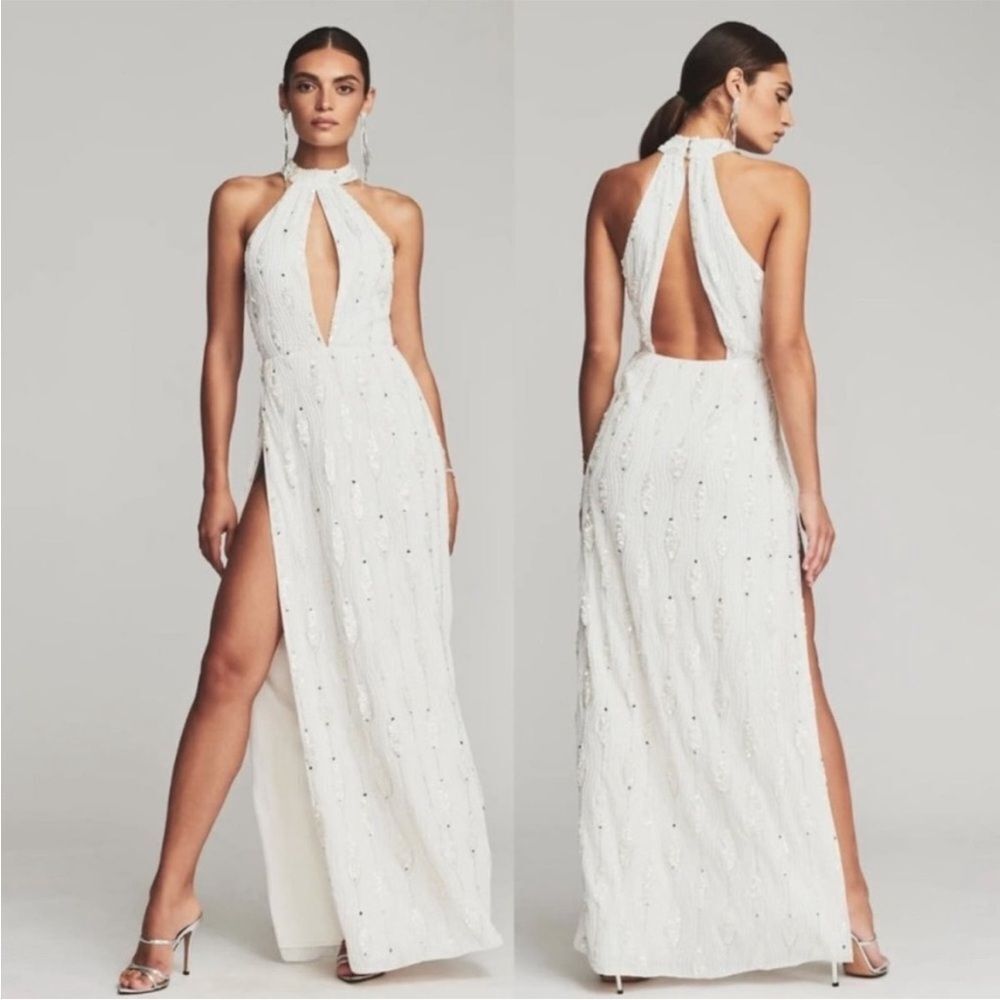 NWT RETROFETE PRIMA SEQUIN MAXI DRESS KEYHOLE NECK HIGH SLIT SIZE SMALL